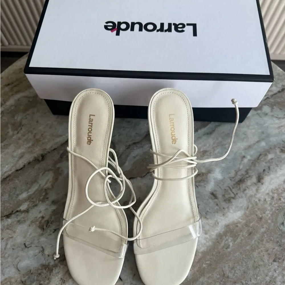 Larroude Gloria Clear Heels Ivory Lace Up Sandals Size 8 Ankle-Tie Sandal